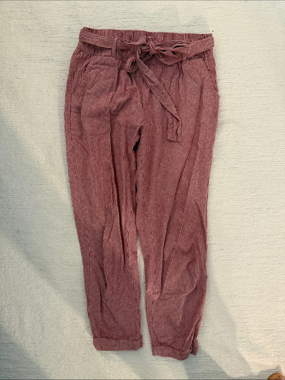 Women's Paperbag Waist Tie Pants - light red and white pinstripe
